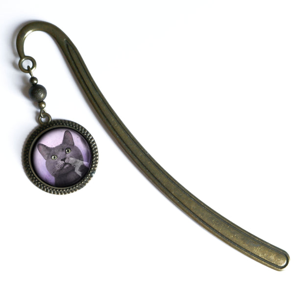 Russian Blue Cat Glass Cabochon Brass Book Hook / Bookmark