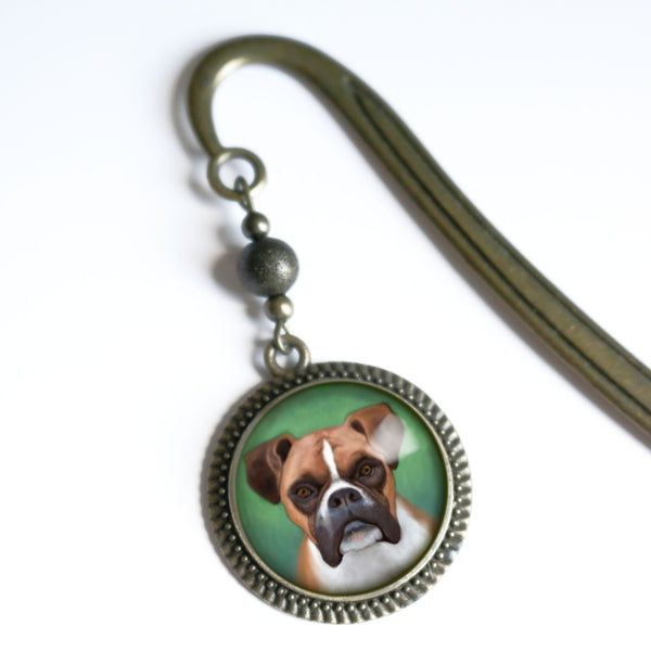 Boxer Dog Glass Cabochon Brass Book Hook / Bookmark