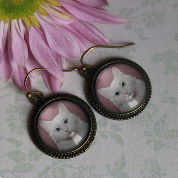 Long Haired White Cat Glass Cabochon Earrings