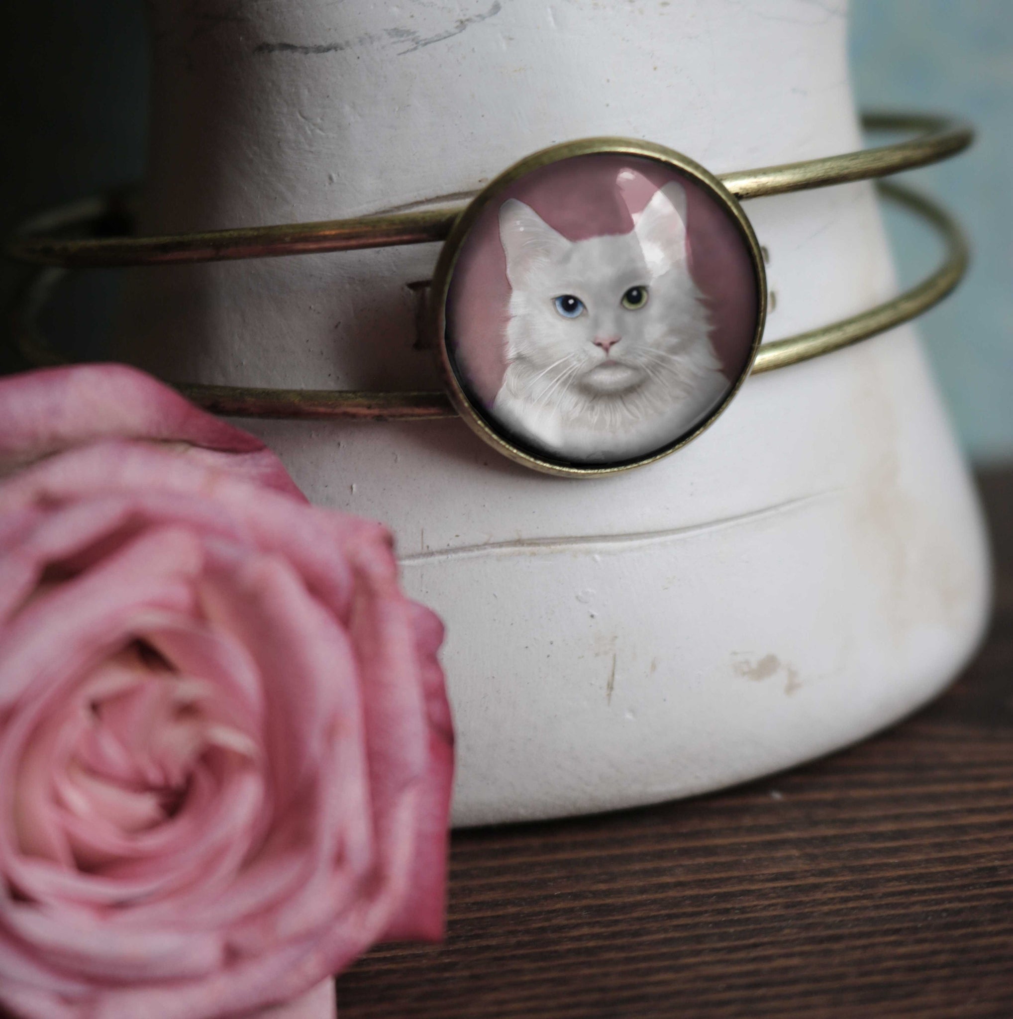 Long Haired White Cat Wire Cuff Bracelet