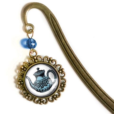Blue Teapot Glass Cabochon Brass Book Hook / Bookmark