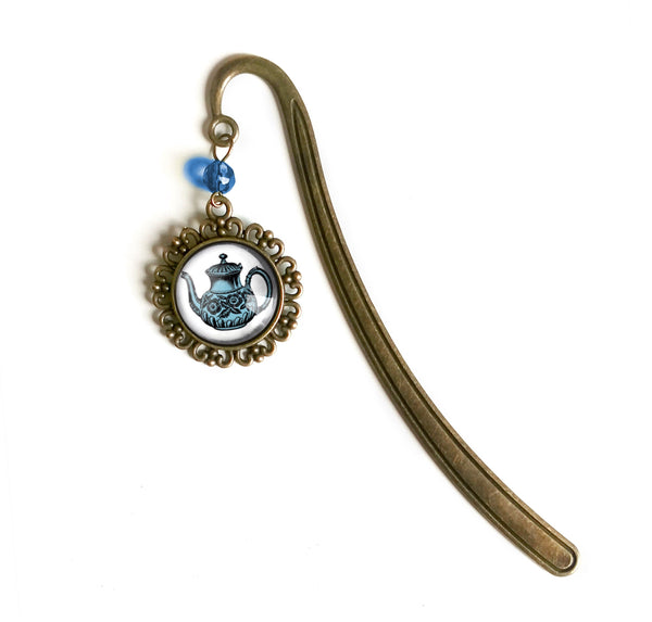 Blue Teapot Glass Cabochon Brass Book Hook / Bookmark