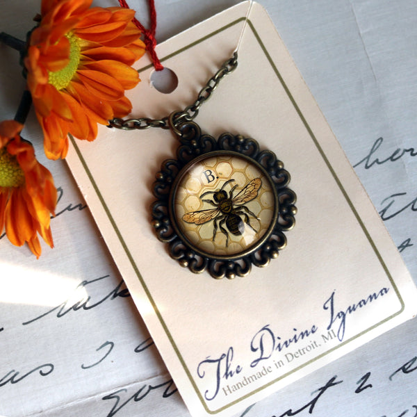 Honey Bee or Worker Bee Large Pendant Necklace in Ornate Frame