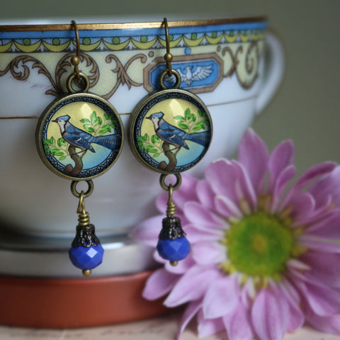 Blue Jay Bird Vintage Inspired Drop / Dangle Earrings