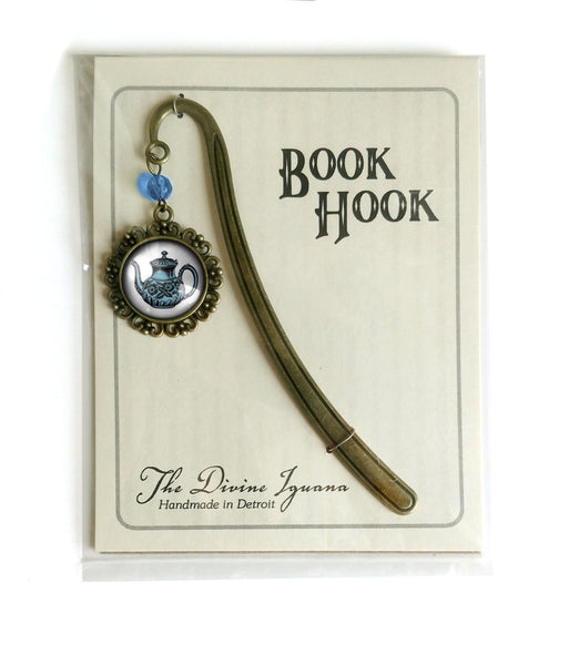 Blue Teapot Glass Cabochon Brass Book Hook / Bookmark