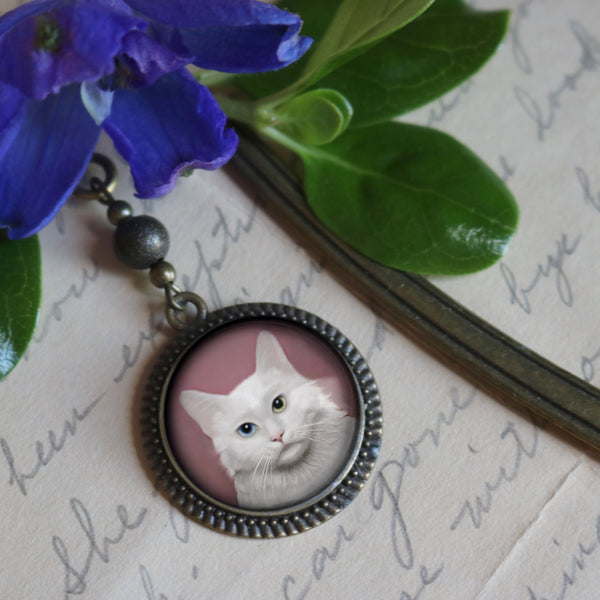 Long Haired White Cat Glass Cabochon Brass Book Hook / Bookmark