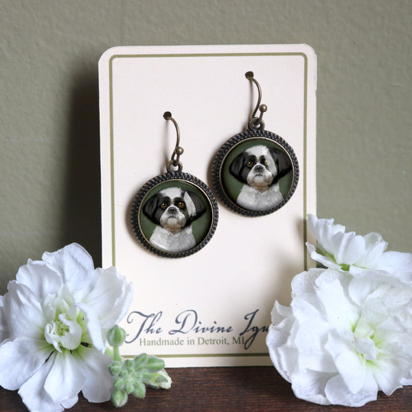 Shitzu Dog Glass CabochonEarrings