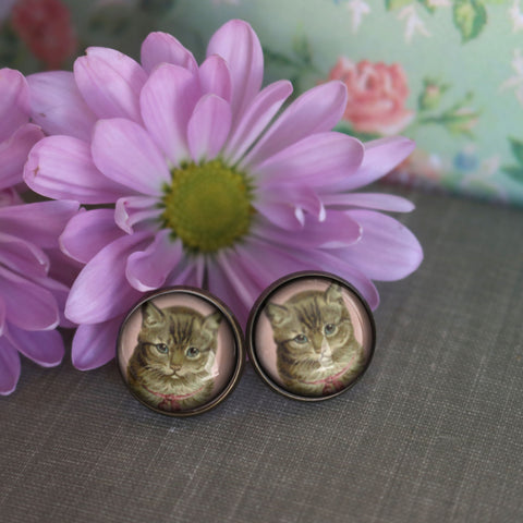 Victorian Tabby Cat Vintage Inspired Stud Earrings