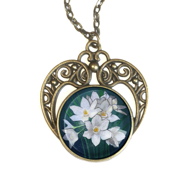 Valentine's or Mother's Day Limited Edition Heart and Paperwhite Narcissus Pendant Necklace