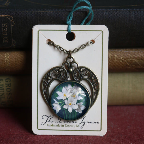 Valentine's or Mother's Day Limited Edition Heart and Paperwhite Narcissus Pendant Necklace