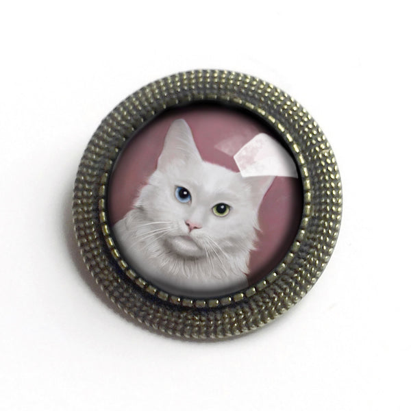 Long Haired White Cat Vintage Inspired Pin Brooch