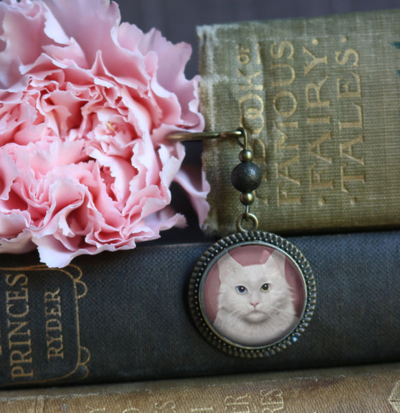 Long Haired White Cat Glass Cabochon Brass Book Hook / Bookmark