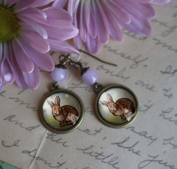 Easter Bunny Victorian Inspired Drop / Dangle Earrings with Pale Purple Bead