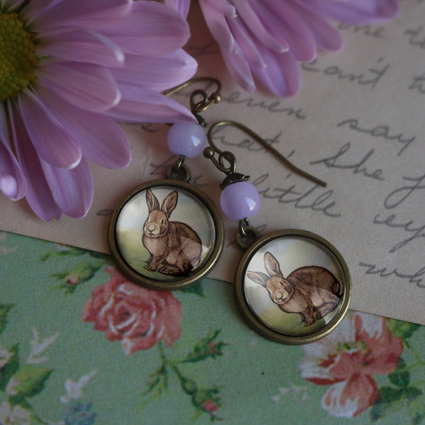 Easter Bunny Victorian Inspired Drop / Dangle Earrings with Pale Purple Bead