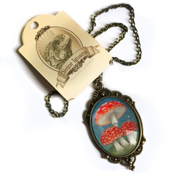 Moonlit Mushrooms Ornate Oval Pendant Necklace