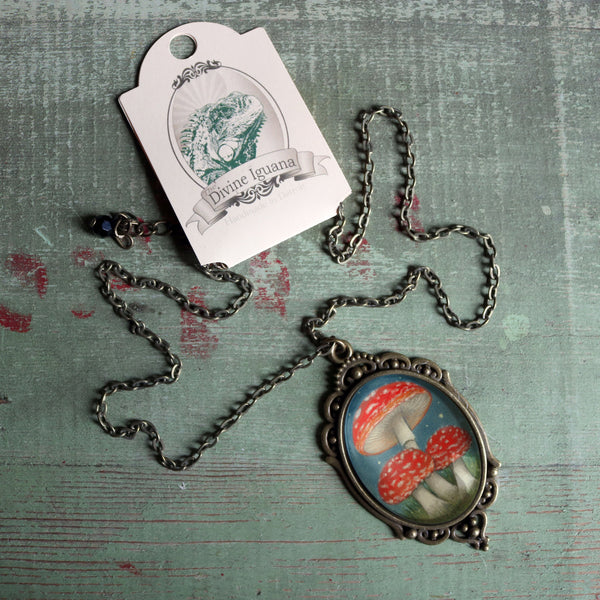 Moonlit Mushrooms Ornate Oval Pendant Necklace