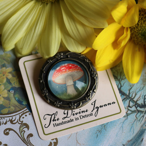 Moonlit Mushroom Cottage Core Amanita Glass Cabochon Pin Brooch