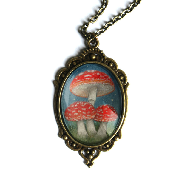 Moonlit Mushrooms Ornate Oval Pendant Necklace