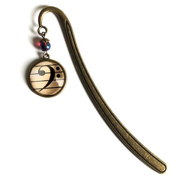Bass Clef Glass Cabochon Brass Book Hook / Bookmark for Musicians, Singers, Music Teachers