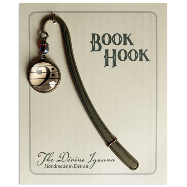 Bass Clef Glass Cabochon Brass Book Hook / Bookmark for Musicians, Singers, Music Teachers