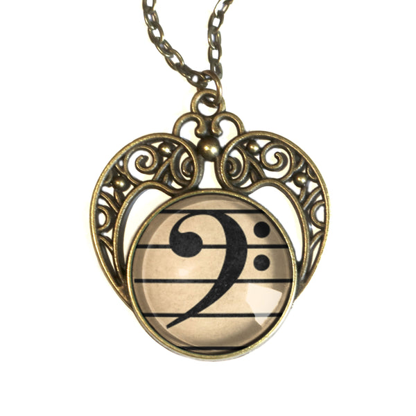 Bass Clef Musical Notation Glass Cabochon Heart Pendant Necklace