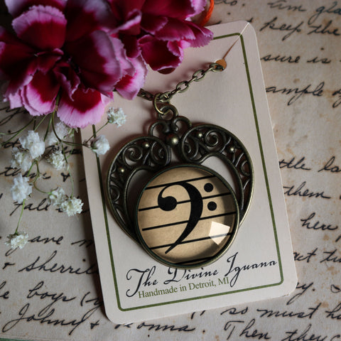 Bass Clef Musical Notation Glass Cabochon Heart Pendant Necklace
