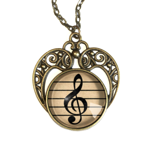 Treble Clef Musical Notation Glass Cabochon Heart Pendant Necklace