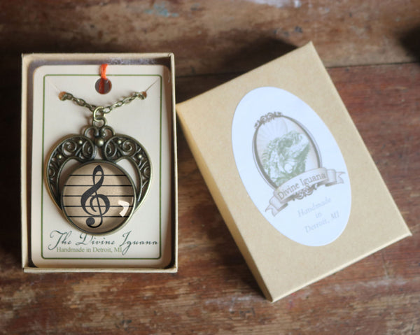 Treble Clef Musical Notation Glass Cabochon Heart Pendant Necklace