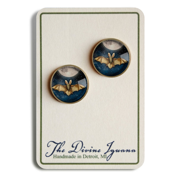 Moonlit Bat Goth or Halloween Glass Cabochon Stud Earrings