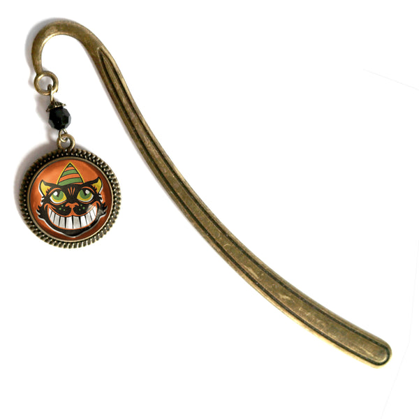 Grinning Retro Halloween Black Cat Glass Cabochon Brass Book Hook / Bookmark