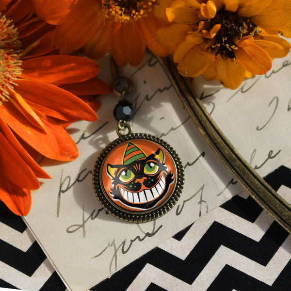 Grinning Retro Halloween Black Cat Glass Cabochon Brass Book Hook / Bookmark