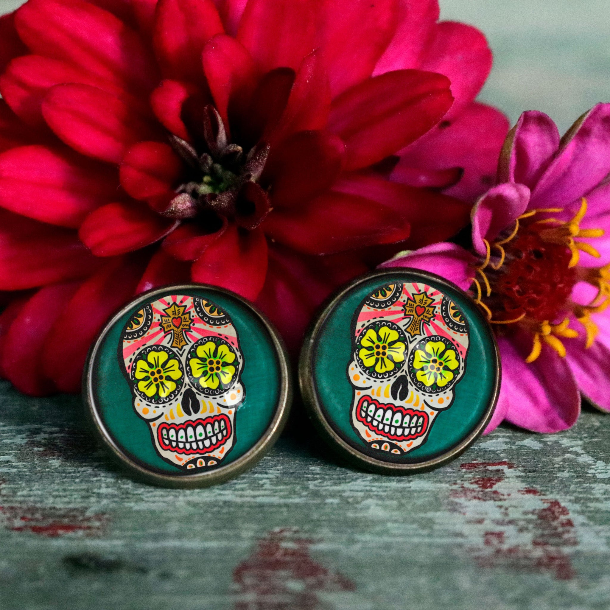 Sugar Skull with Yellow Eyes Day of the Dead Stud Earrings