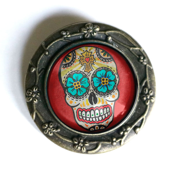 Sugar Skull with Blue Eyes Day of the Dead Pin Back Brooch