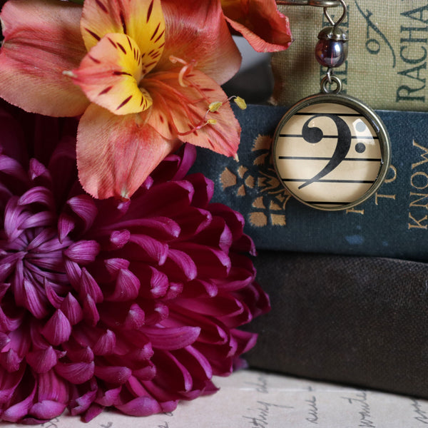 Bass Clef Glass Cabochon Brass Book Hook / Bookmark for Musicians, Singers, Music Teachers
