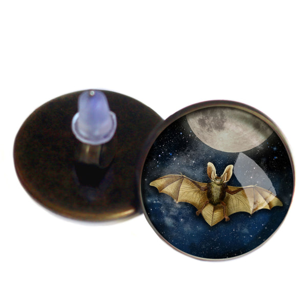 Moonlit Bat Goth or Halloween Glass Cabochon Stud Earrings