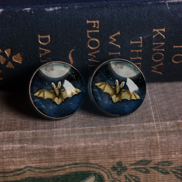 Moonlit Bat Goth or Halloween Glass Cabochon Stud Earrings