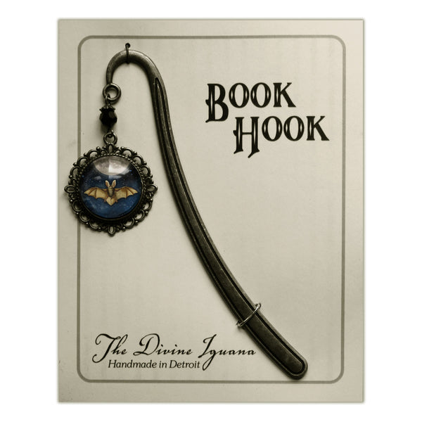 Moonlit Bat Goth or Halloween Glass Cabochon Brass Book Hook / Bookmark