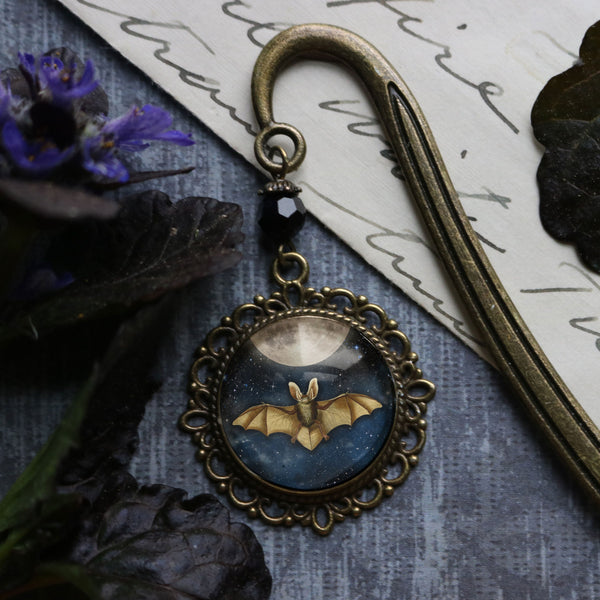 Moonlit Bat Goth or Halloween Glass Cabochon Brass Book Hook / Bookmark