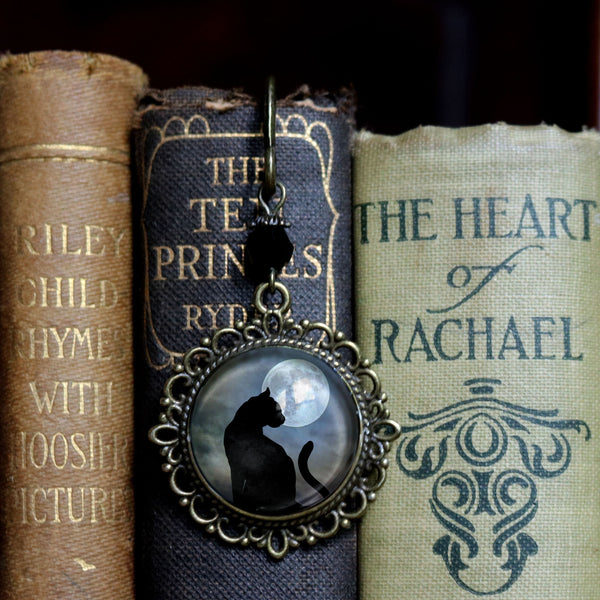 Moonlit Cat Goth or Halloween Glass Cabochon Brass Book Hook / Bookmark