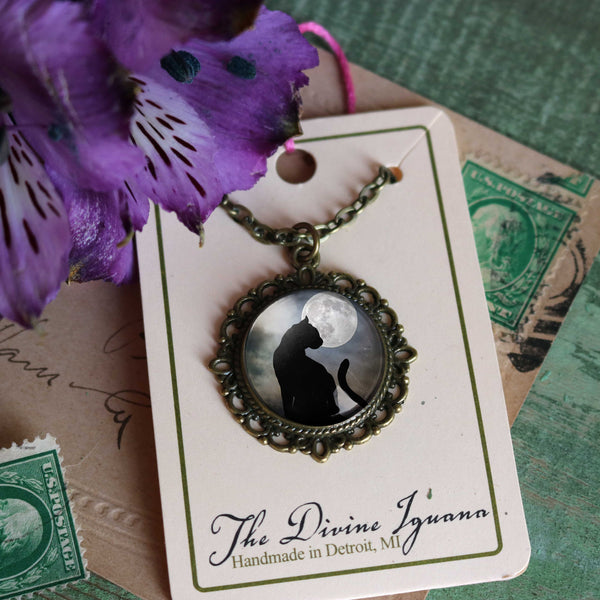 Moonlit Cat Goth or Halloween Large Pendant Necklace in Ornate Frame