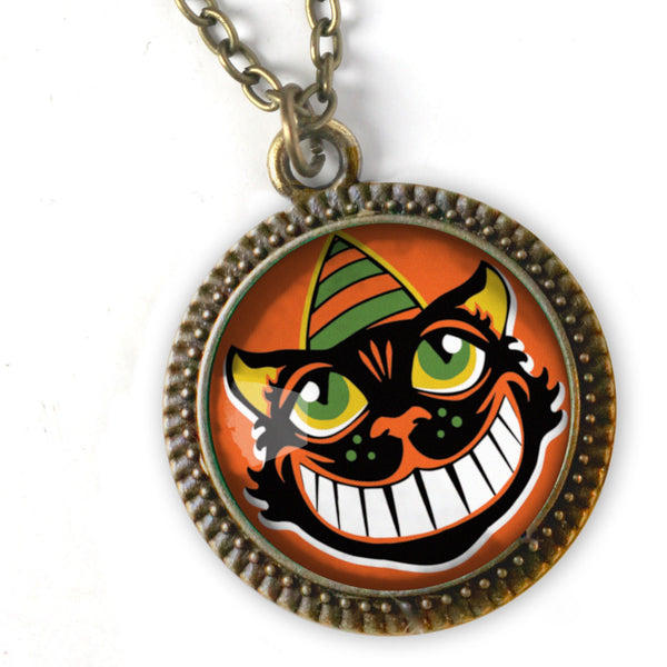 Grinning Retro Halloween Black Cat  Pendant Necklace with Black Bead