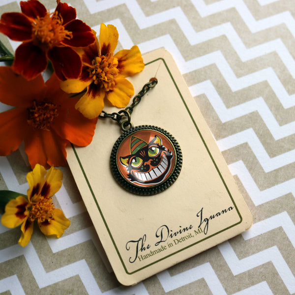 Grinning Retro Halloween Black Cat  Pendant Necklace with Black Bead