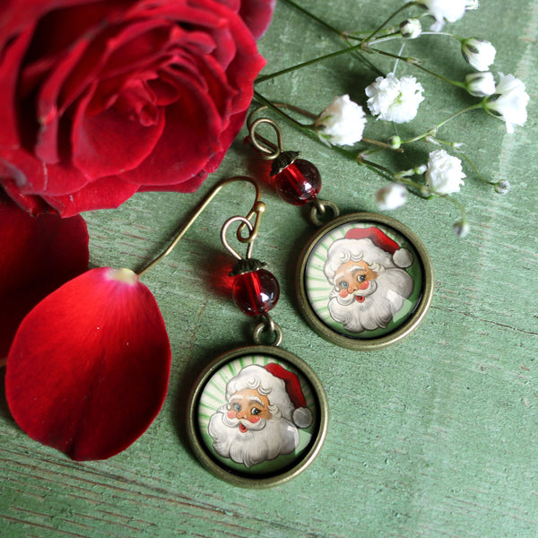 Retro Santa - Green with Red Bead - Vintage Inspired Drop / Dangle Earrings