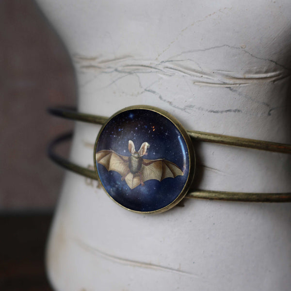 Starry Bat Goth / Halloween Cuff Bracelet with Glass Cabochon on Bronze