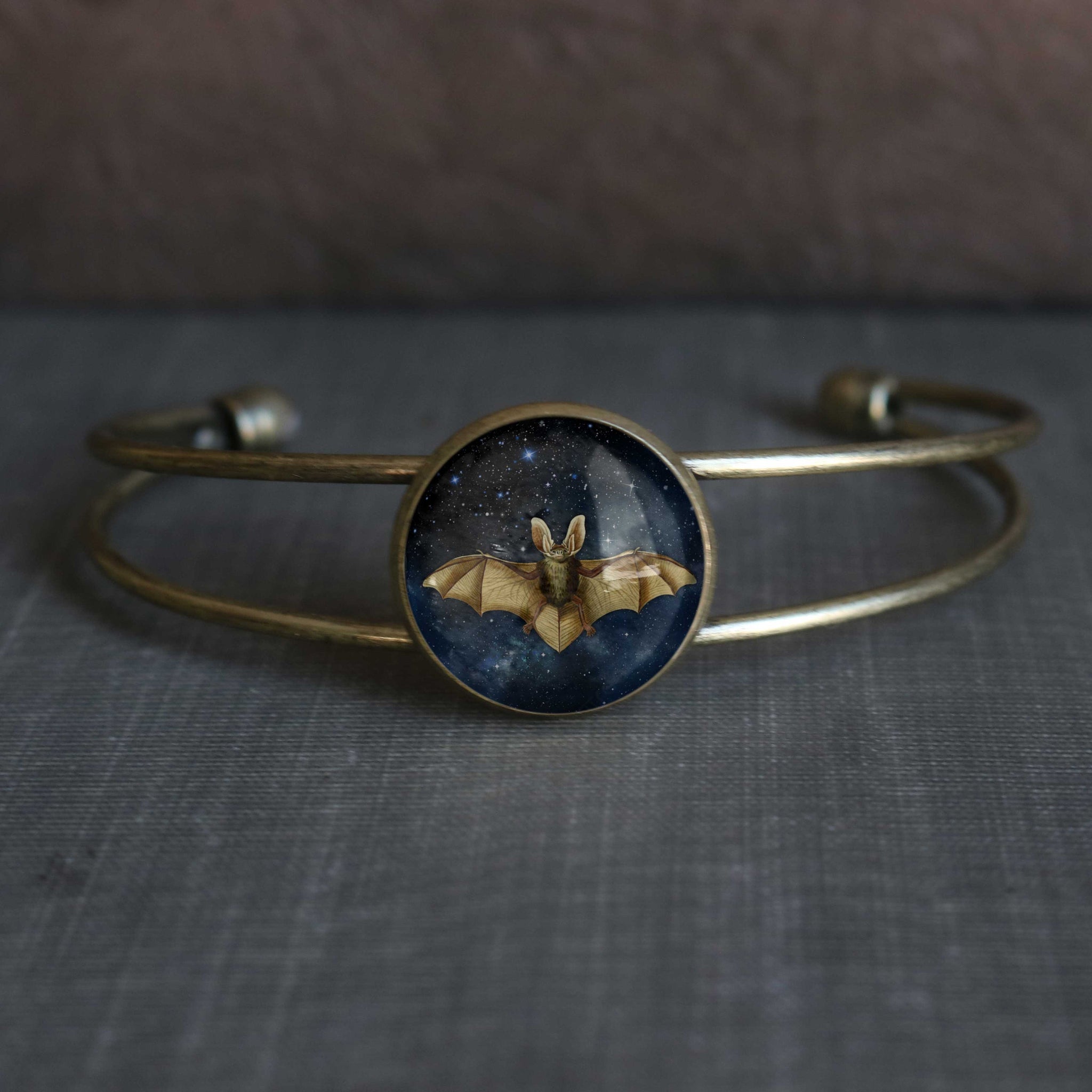 Starry Bat Goth / Halloween Cuff Bracelet with Glass Cabochon on Bronze