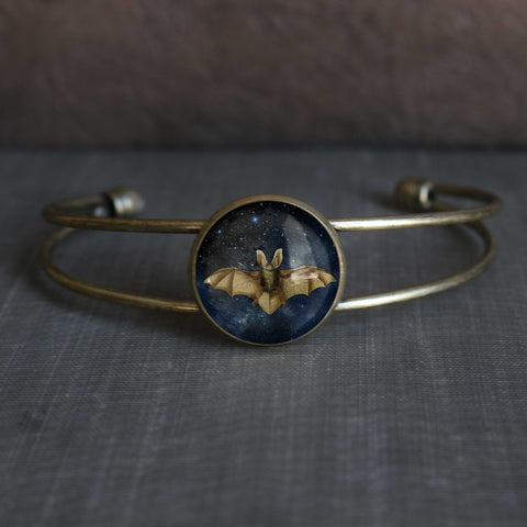 Starry Bat Goth / Halloween Cuff Bracelet with Glass Cabochon on Bronze
