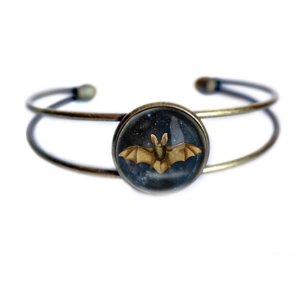 Starry Bat Goth / Halloween Cuff Bracelet with Glass Cabochon on Bronze