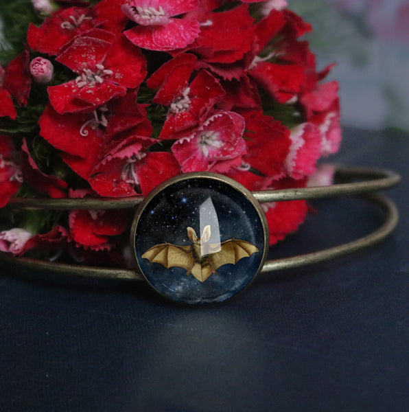 Starry Bat Goth / Halloween Cuff Bracelet with Glass Cabochon on Bronze