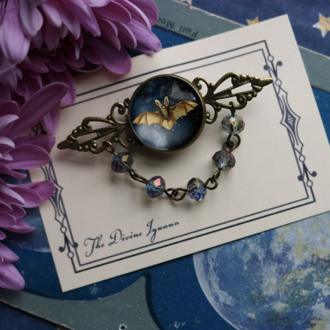 Starry Bat Goth or Halloween Vintage Inspired Pin Brooch with Brass Filigree and Beaded Accent