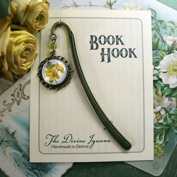Yellow Rose Glass Cabochon Brass Book Hook / Bookmark